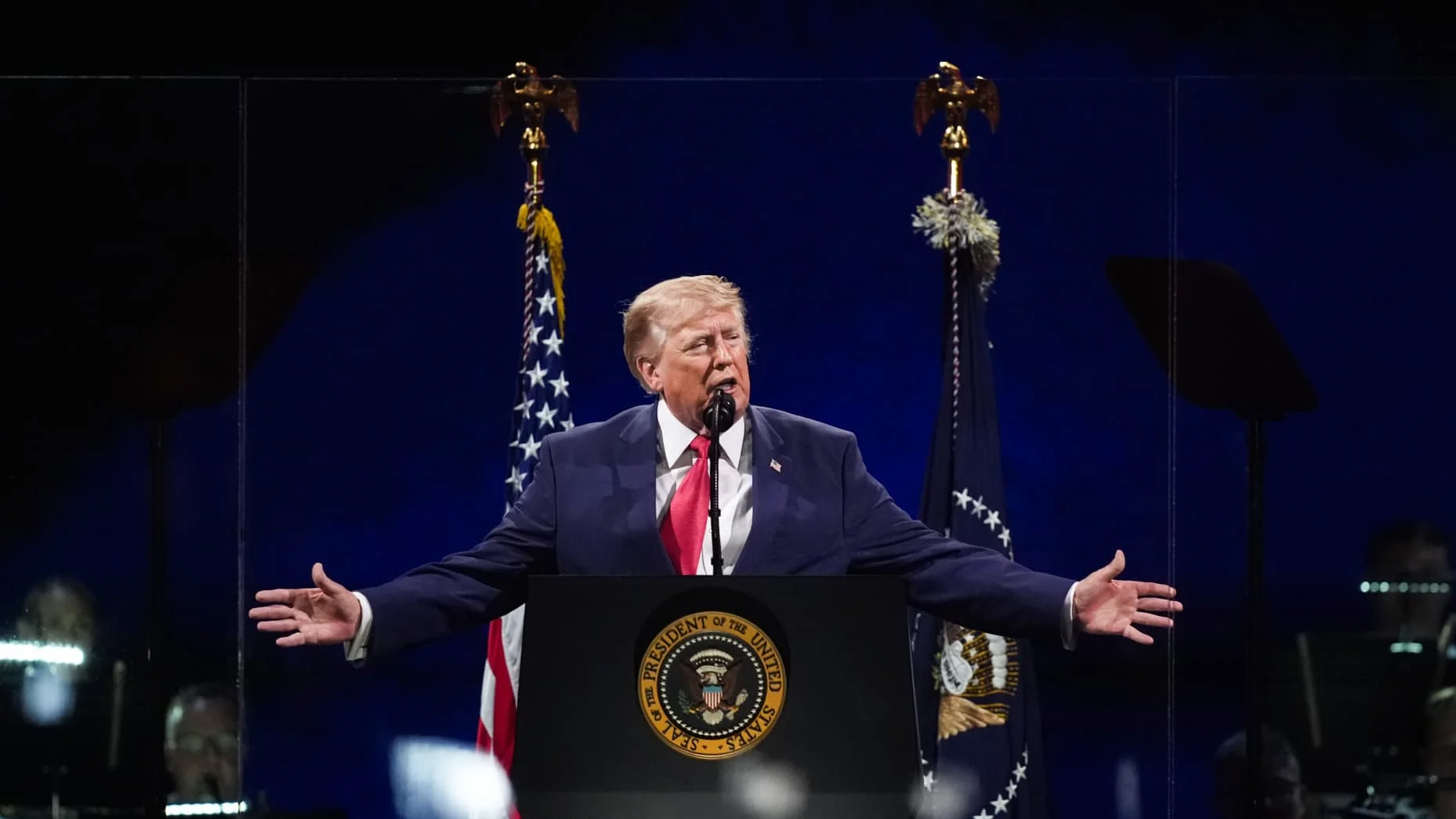 WASHINGTON, DC - JULY 04: U.S. President Donald Trump speaks during "Salute to America 250" Fourth of July celebrations on the National Mall on July 04, 2026 in Washington, DC. Americans are celebrating the nation’s 250th anniversary amidst an extreme heat wave bringing dangerous triple digit temperatures to much of the eastern United States. (Photo by Andrew Harnik/Getty Images)